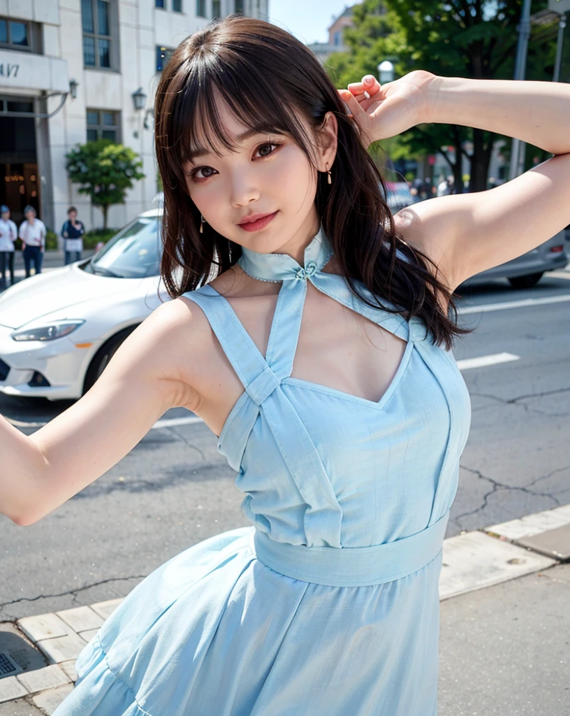a woman posing on the street corner with light blue dress on, best quality, 1girl, large breasts, day, bright, blur background, bokeh, outdoor, (street:0.8), (people, crowds:1), (lace-trimmed dress:1.5, sleeveless dress, light blue clothes, light blue high-neck dress:1.2, blue dress: 1.5), gorgeous, (short hair, forehead:1.2), beautiful detailed sky, earrings, (dynamic pose:1.2), (upper body:0.8), soft ligh. BTS 