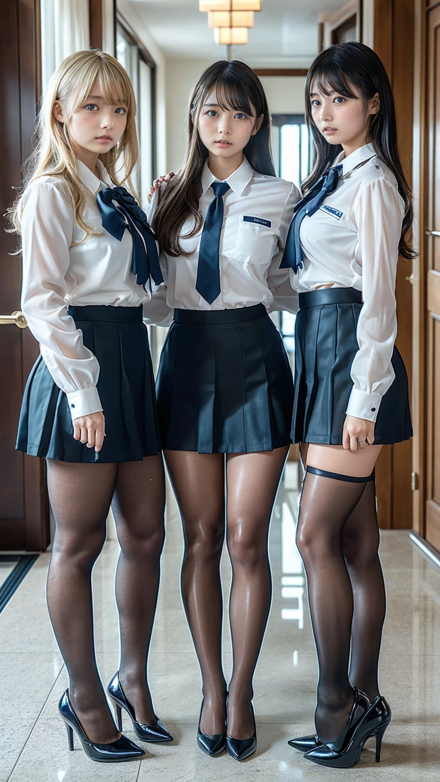 Ultra-high resolution, Realistic, Very detailed, Golden Ratio, Highest quality, 3人はAre standing姿の全身ショット, (promotional photoshoot), (Are standing), Three people stand on the floor in high heels, (Three Beautiful High School Girls with Exemplary Figures), Beautiful Face, (Realisticな face), (Blondeのショートカット:1.3), Japanese Blonde, Blonde, short hair, hair band, Glare, Frowning, Drooling, Long Tongue, Verbal invitation, compensate, Frowning, Frowningをする, Surrealism, First Person View, First Person View, Wide-angle, Ultra-high resolution, Anatomically correct, Super detailed, 16K, (Three beautiful secretaries,Standing side by side), The three of them are wearing the same uniform, Navy blue uniform with ribbon shirt, (She is wearing a navy blue micro mini uniform..), (Not exposed),Not see-through, (wide thighs), (Very long legs),(Micro Mini Skirt), (Her uniform is covered in white semen), No semen on my face, (Semen is an opaque white liquid), Contrast between black pantyhose and white semen, Clearly visible, (A lot of white semen flows on black pantyhose), (Scattered semen), (Cum inside me at work), Semen flowing backwards from the crotch