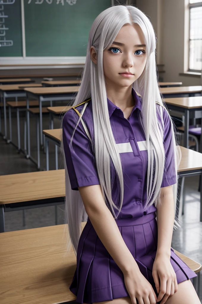anime screenshot, beautiful girl, Boku no hero academia, white hair girl, medium long hair, straight hair, purple eyes, clear skin, sitting at a table, gray uniform, huge scar on neck, school room