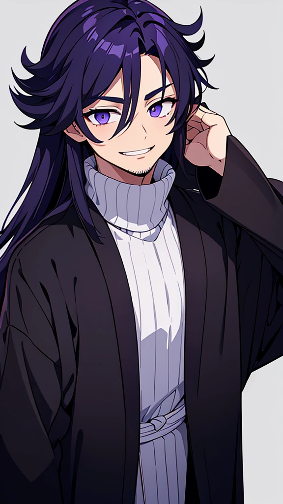 taisho period Japan man, dark aesthetic, darkwave aesthetic, grunge aesthetic, eerie moorlands behind him, dark aesthetics, eerie thriller aesthetic, dark and moody aesthetic, ominous, royal purple/dark blue hair, bright gray eyes, wolfcut, Kyojuro Rengoku, white turtleneck sweater, demon slayer, kimetsu no yaiba, confident expression, long hair, black open jacket, solo, reference art, 20-year-old male, black open trench coat, royal purple/dark blue long flowy hair, stubble, 30-year-old male, smile, black haori, headshot, close-up on head