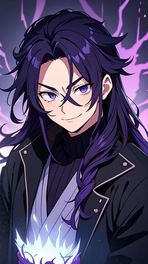 taisho period Japan man, dark aesthetic, darkwave aesthetic, grunge aesthetic, eerie moorlands behind him, dark aesthetics, eerie thriller aesthetic, dark and moody aesthetic, ominous, royal purple/dark blue hair, bright gray eyes, wolfcut, Kyojuro Rengoku, white turtleneck sweater, demon slayer, kimetsu no yaiba, confident expression, long hair, black open jacket, solo, reference art, 20-year-old male, black open trench coat, royal purple/dark blue long flowy hair, stubble, 30-year-old male, smile, black haori, headshot, close-up on head