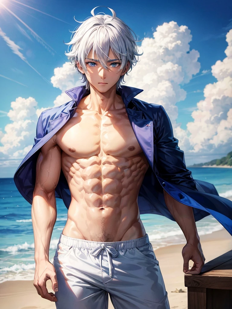 Anime guy about 15, shirtless, with blue eyes and white hair, muscular, 6 pack abs, with white shorts, on the beach