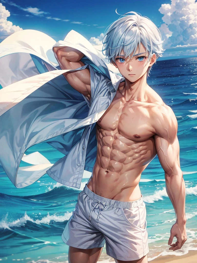 Anime guy about , shirtless, with blue eyes and white hair, muscular, 6 pack abs, with white shorts, on the beach  