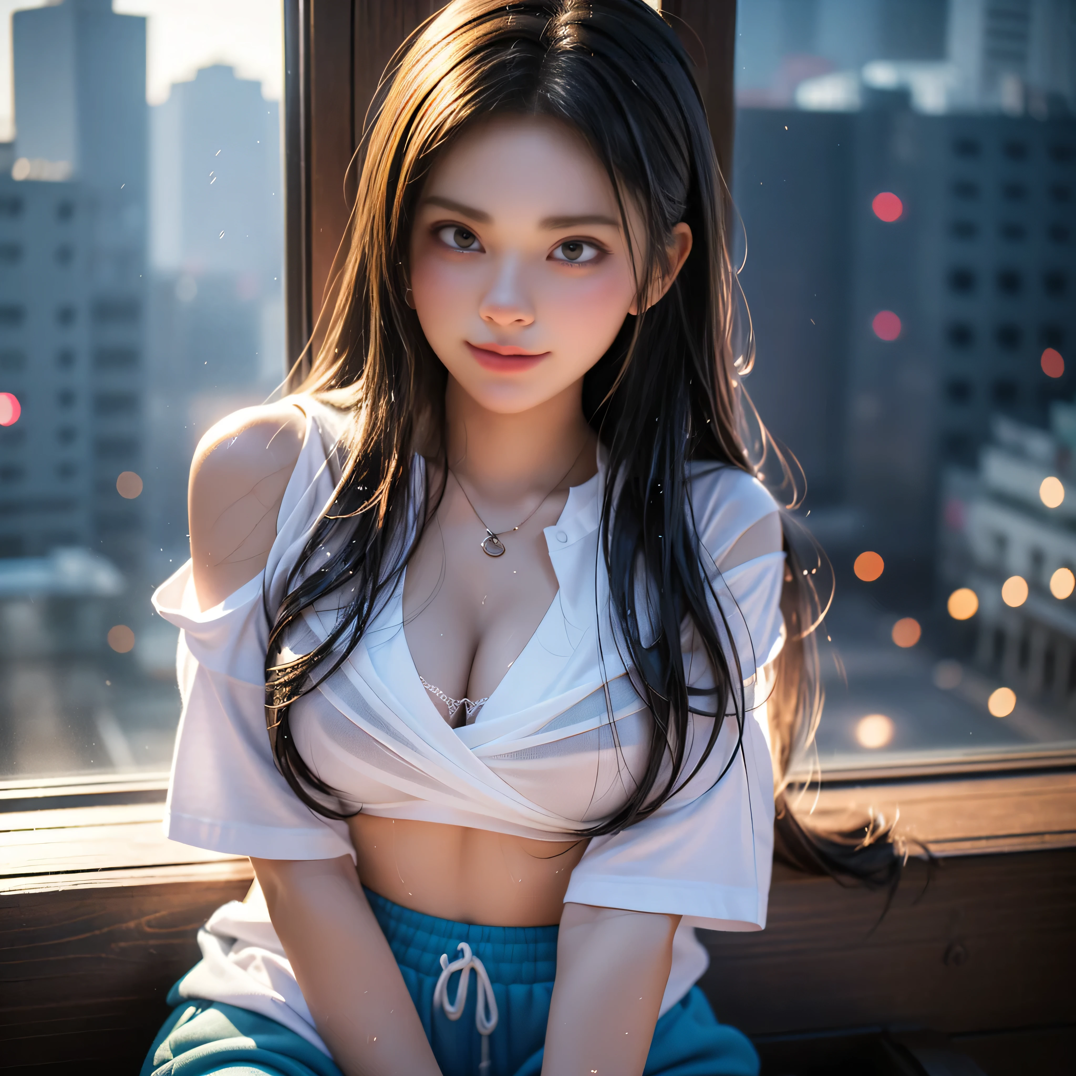 SeaArt Bot ,Upscaling 、RAW photograph、maximum quality、Masterpiece artwork:1.2)、(realisitic、photoRealstic:1.37)、1 girl in、nepali、25 years old、Females、(deep in the night)、lighting sun、A room、Daytime cityscape seen from the window、studio lighting、face lightsphoton stripping、City Radio、cabelo roxo、A detailed face、Detailed lips、A detailed eye、more skin、double eyelid、(Huge round:1.3)、((Exhibition))、(t - shirt and joggers、nepal)、(t - shirt)、(Wearing a t - shirt and joggers)、((without bra)))、Exposed cleavage、exposed shoulder、Exhibition da coxa、(camel toe)、corpo perfect、shining skin、(body wet with sweat:1.2)、smilling face、((sitting))、Make eye contact with the camera、Lens blur for background camera、depth of fields、35 m、Ultra-detail、ultra-quality、perfect、Anime tattoo on right hand、((Vintage Style Photography 1:1)),((NSFW1:0))