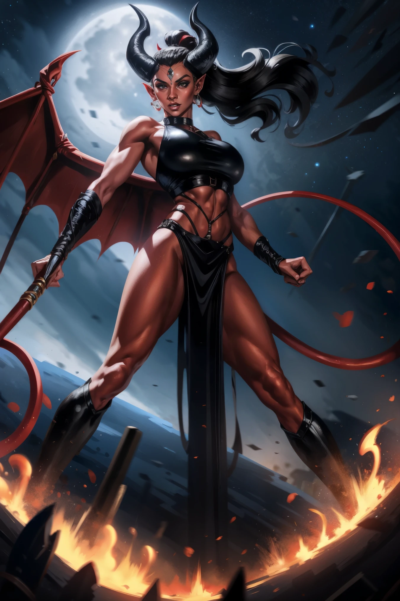 Red skin succubus tiefling, medium breasts, black horns, wings, huge tail, black leather, crop top, long flowing pelvic curtain, tall, toned, graceful, thin, long black ponytail. Action scene, whip. Dark scene, explosions, night sky.