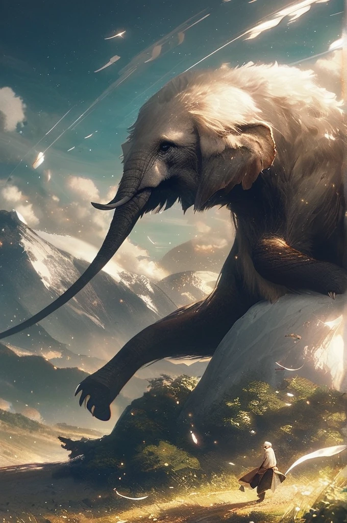 ((Лучшее качество)), ((шедевр)), (подробный), An elephant hunts a wolf