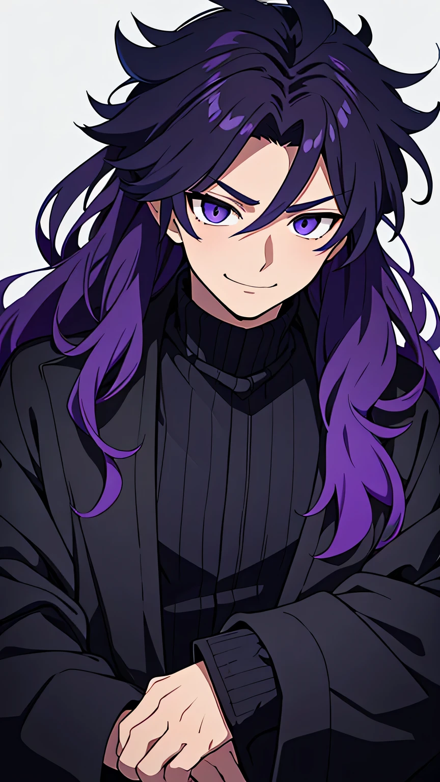 taisho period Japan man, dark aesthetic, darkwave aesthetic, grunge aesthetic, eerie moorlands behind him, dark aesthetics, eerie thriller aesthetic, dark and moody aesthetic, ominous, royal purple/dark blue hair, bright gray eyes, wolfcut, Kyojuro Rengoku, white turtleneck sweater, demon slayer, kimetsu no yaiba, confident expression, long hair, black open jacket, solo, reference art, 20-year-old male, black open trench coat, royal purple/dark blue long flowy hair, stubble, 30-year-old male, smile, black haori, headshot, close-up on head
