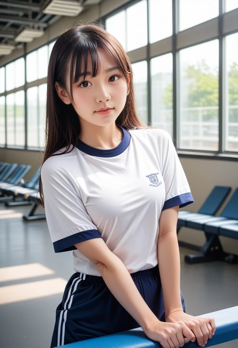 8k, raw photo, best quality, masterpiece, realistic, photo realistic, clear, professional lighting, beautiful face, best quality,ultra high res, realistic japanese beautiful, Super detailed, 1girl, full body, gym uniform