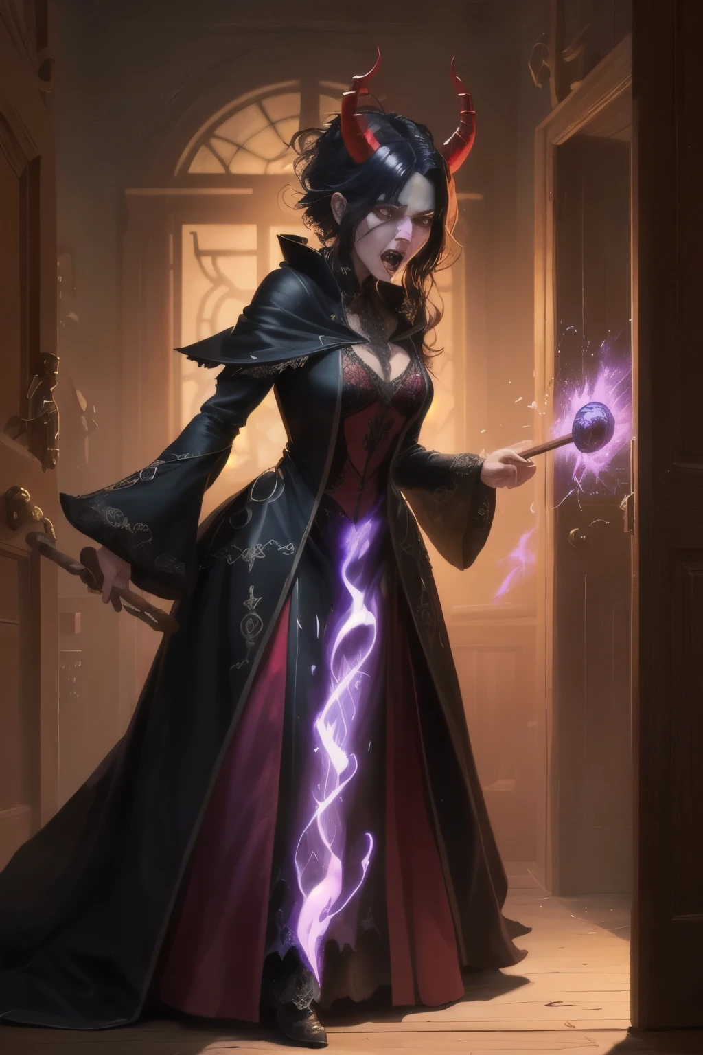 ((best quality)), ((masterpiece)), (detailed), An illustration of a black haired evil elderly witch with red horns and a black long gown with coat getting angry inside a room with a glowing wooden stick in her hand and creating a spell with swirling red and purple magic around her.