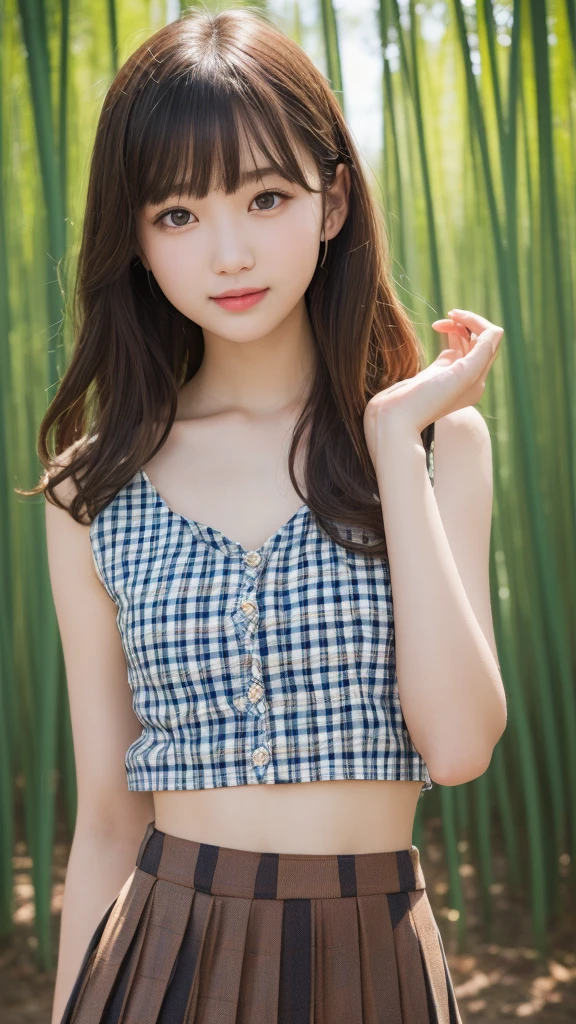 bamboo forest，smile、Original photo、(((A portrait of ultimate beauty)))、((Glowing Skin))、1 Girl、Beautiful 13 year old girl、Bright expression、((Brown Hair))、(Checkered Pleated Skirt:1.5)、((Big eyes that shine like jewels))、Cardigan shirt、Open your clothes、Race Horse、Skin Glodium Hair、(Silk Ponytail)、(eternal)、eyeliner、Beautiful Bangs、Hair between the ice cubes、quality、Very detailedな、movie lighting lighting、Intricate details、High resolution、Very detailed、With background、Digital single-lens reflex camera、Gentle soft lighting、高quality、Film Grain、XT3 、Shallow depth of field、Natural soft light、Full bust