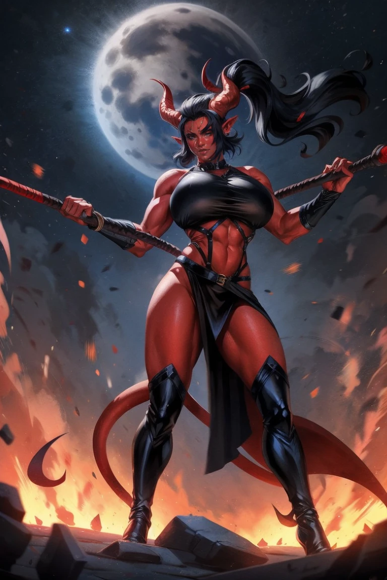 Red skin succubus tiefling, digitigrade legs, full breasts, medium breasts, black horns, huge tail, black leather, crop top, long flowing pelvic curtain, tall, toned, graceful, thin, long black ponytail. Action scene, whip. Dark scene, explosions, night sky.