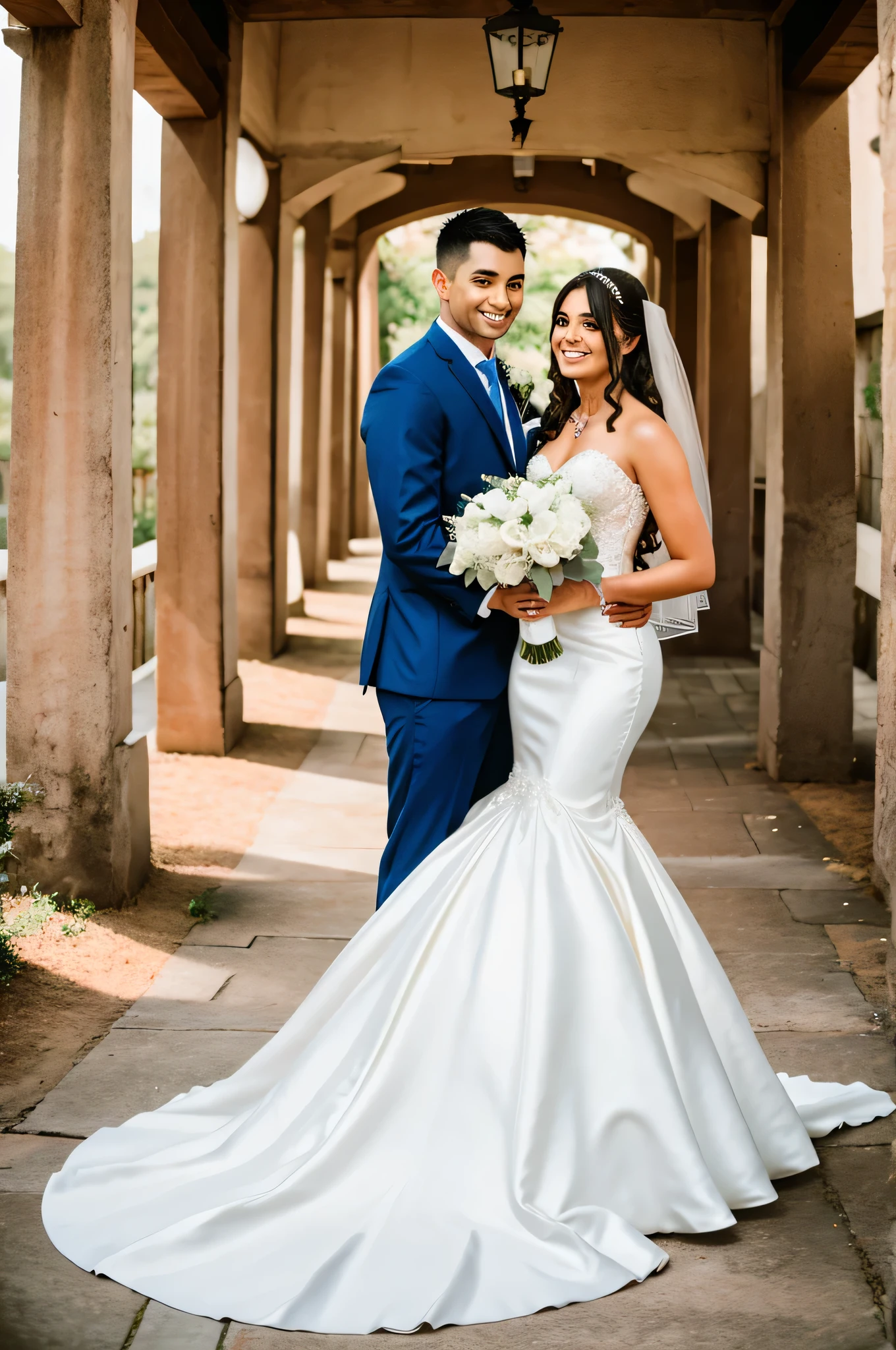 ((best quality)), ((masterpiece)), (detailed), perfect face woman dressed in white walking hand in hand with her groom towards her wedding