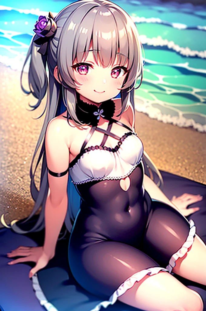 Himari Meimei, masterpiece, Voluptuous thighs, petit body, little young girl, flat chest, {1 Girl}, Cute and erotic smile, Highly detailed sparkling purple eyes, In summer beach,  困り眉, open legs, legs up, silver grey hair, lying on beach bed, completely nude