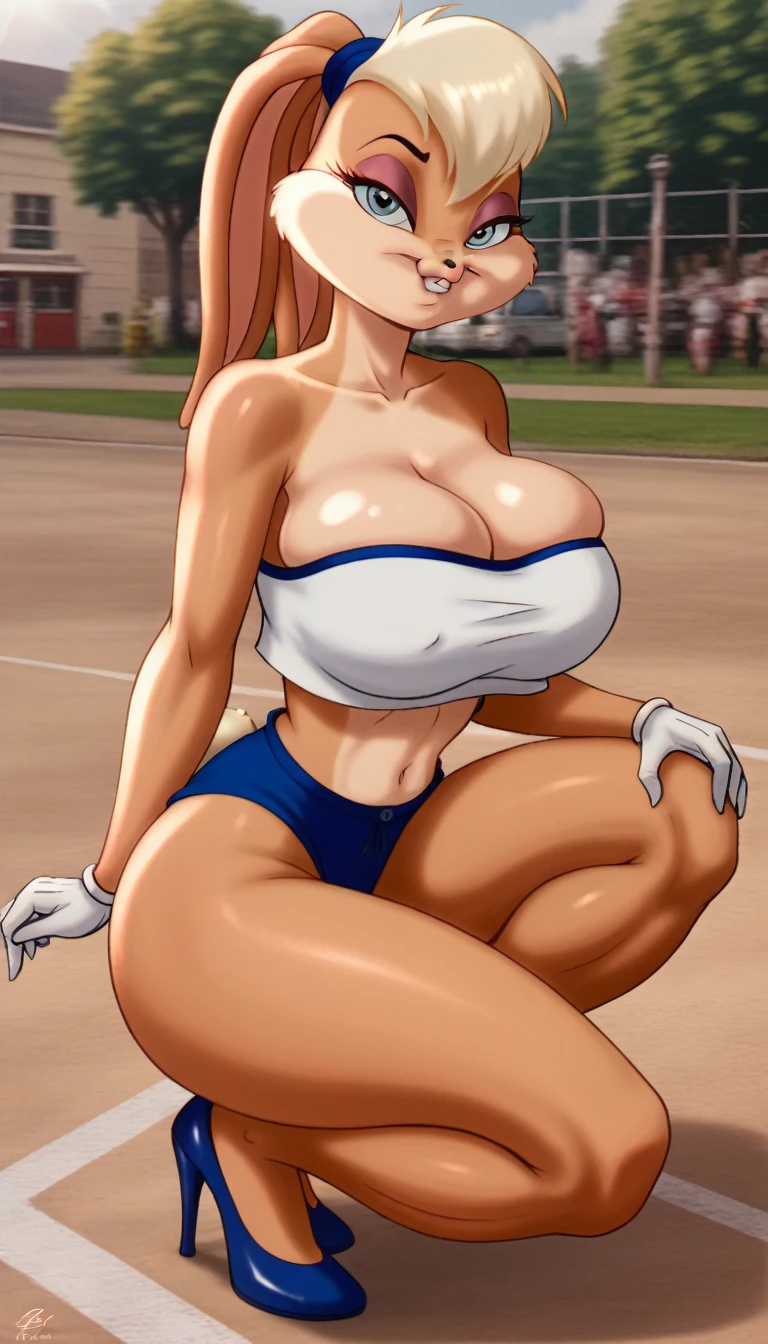 (masterpiece, best quality:1.2), Lola Bunny, fullbody, extra massive breasts, high heels, low-cut strapless crop top, thick thighs, dirt road, countryside, masterpiece, best quality, absurdres, highres, 4k, ray tracing, perfect face, perfect eyes, intricate details, highly detailed, (best quality:1.33), (masterpiece:1.42),(semi realistic:1.3), (detailed:1.15),(skin details), Dappled Light, analog style (look at viewer), (skin texture), (realistic texture skin), cinematic light, side lighting, ultra high res, best shadow, RAW, (Dutch angle:1.1), lightroom, cinematic, hdr, raw, (intricate:1.4), high quality, soothing tones, intricate details, extremely high quality RAW photograph, detailed background, intricate, Exquisite details and textures, highly detailed, ultra detailed photograph, warm lighting, 4k, sharp focus, high resolution, detailed skin, detailed eyes, 8k uhd, dslr, high quality, film grain, Fujifilm XT3, 
 Rainy Day: The diffused light and wet surfaces on a rainy day can create a moody and atmospheric environment, perfect for capturing reflections and street photography.,