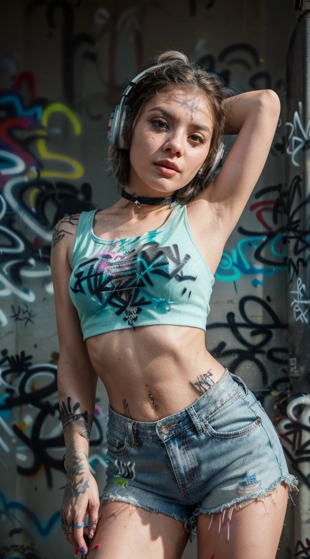 masterpiece, best quality, Tia is shown to have a fairly slender figure. She has white-grey hair , she has short hair and large pale green eyes, crop top, denim shorts, choker, (graffiti:1.5), paint splatter, arms behind back, against wall, looking at viewer, armband, paint on body, head tilt, bored, headset,