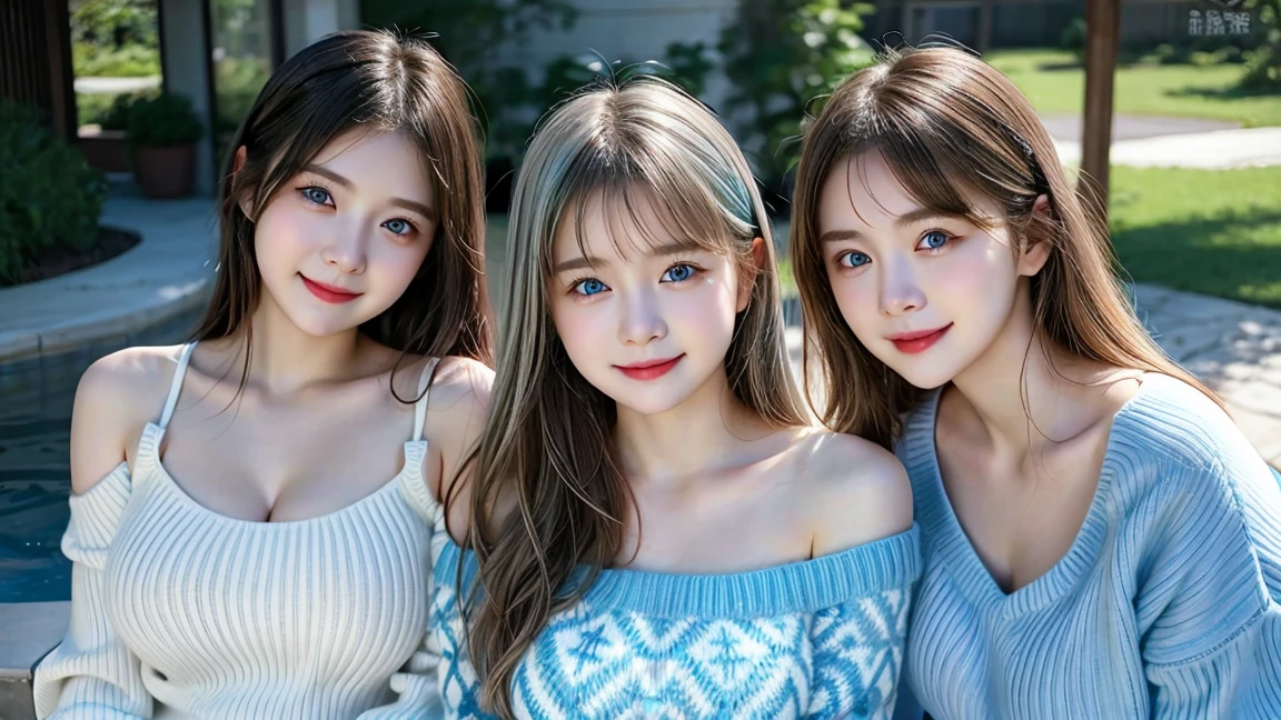 (3 girls), young faceอินโดนีเซีย, 12 years,smile,silver hair, white skin, Round breast, blue eyes,((Random colored sweater with open shoulders and open chest.)) Masterpiece, Highest quality, 8K, beautiful girl, young face、 photography, Cute face, thigh,sitting in the stream, Embarrassing、รอยsmile、((((((อายุ 12 years))))))、small waist、 Plump breasts (((big breasts:1.0)))