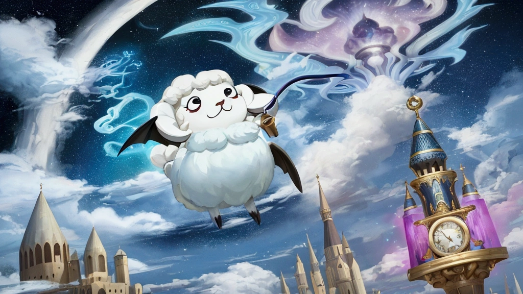 a cartoon wizard lamb is wizarding, laughing, he is on the air, there is nothing and nobody in the scene except the lamb.