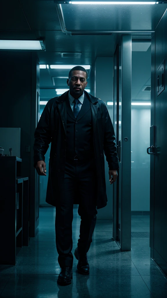 Marcus, a big business man, arrested, 8k realistic imagery, ultra hd, blue scenery like a movie scene, inspired by blade runner movie scene, blue tone