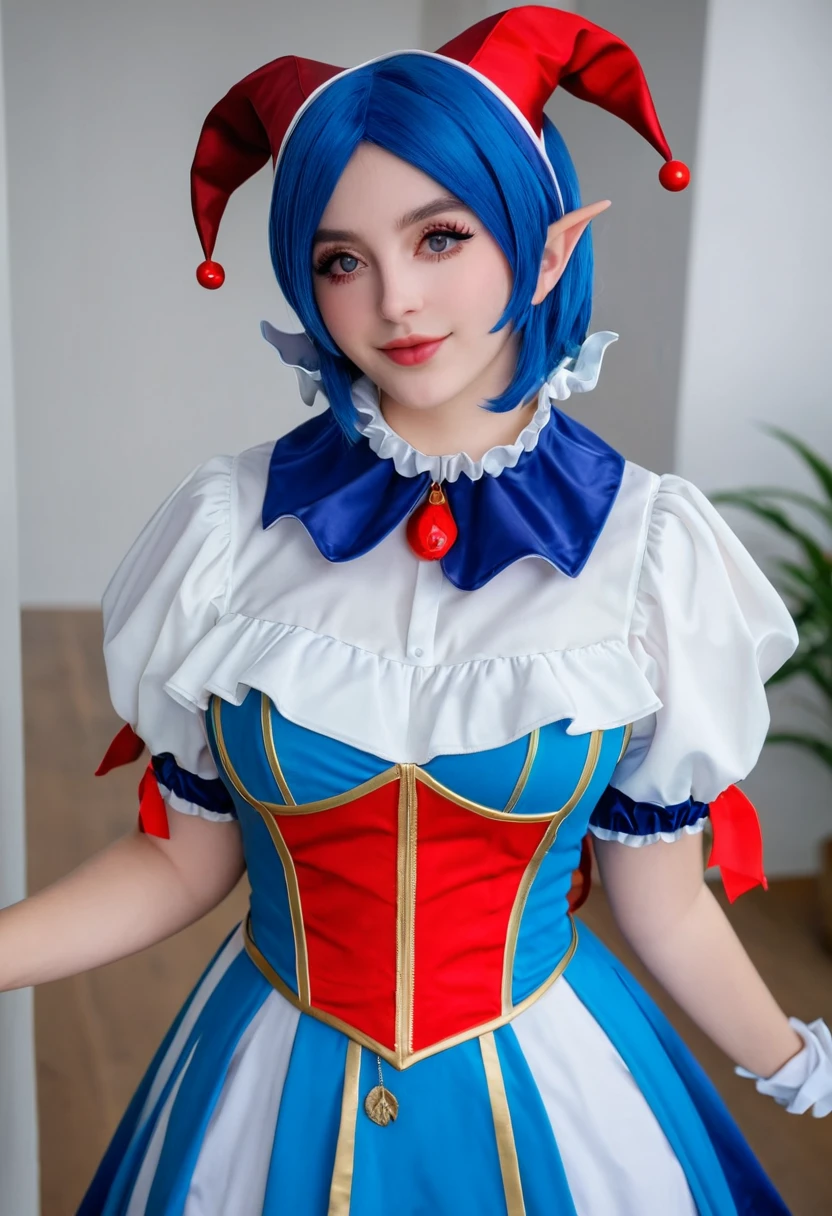 ((high quality:1.2)), (8k), extremely detailed, ((High detail:1.2)), ((best resolution:1.4)), Solo, 24 years old female, ((jester pomni cosplay)),