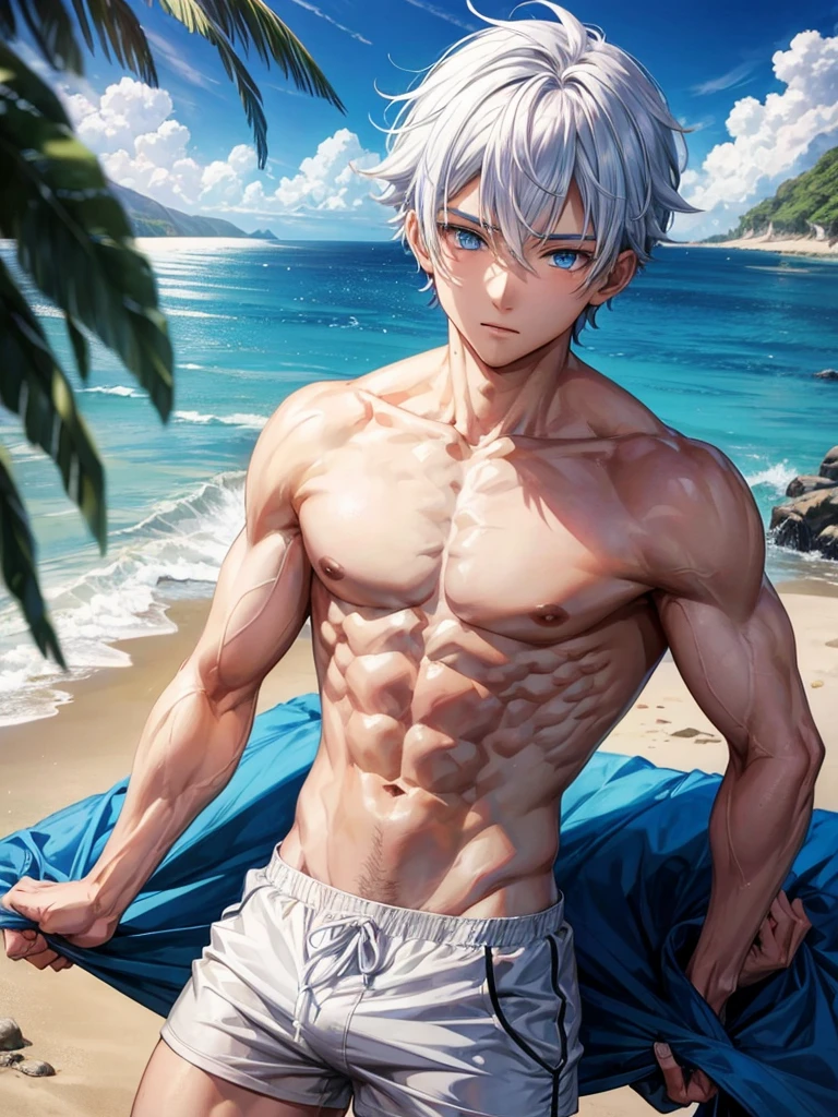 Anime guy about 15, shirtless, with blue eyes and white hair, muscular, 6 pack abs, with white shorts, on the beach  