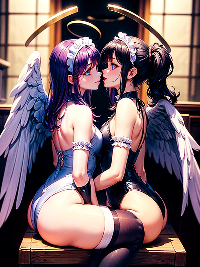 Highest quality,Highest Resolution,(((A beautiful girl with blue eyes, black hair and white angel wings on her back in a maid leotard)))and(((A beautiful girl with red eyes, purple hair, and black angel wings on her back in a gothic ta leotard)))They are having sex while kissing in the sitting position,saliva,(((Halo))),smile,Frills,Knee-high stockings,A distant view,