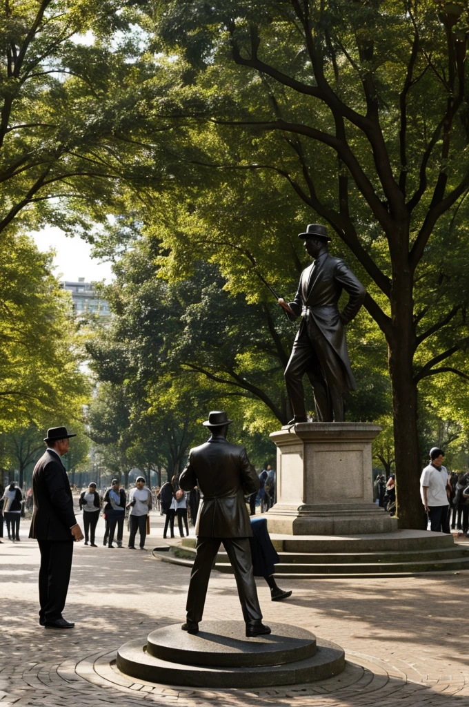 image: A living statue in an urban park, with people admiring his performance.
bottom: A blurred background that highlights the figure of the statue.