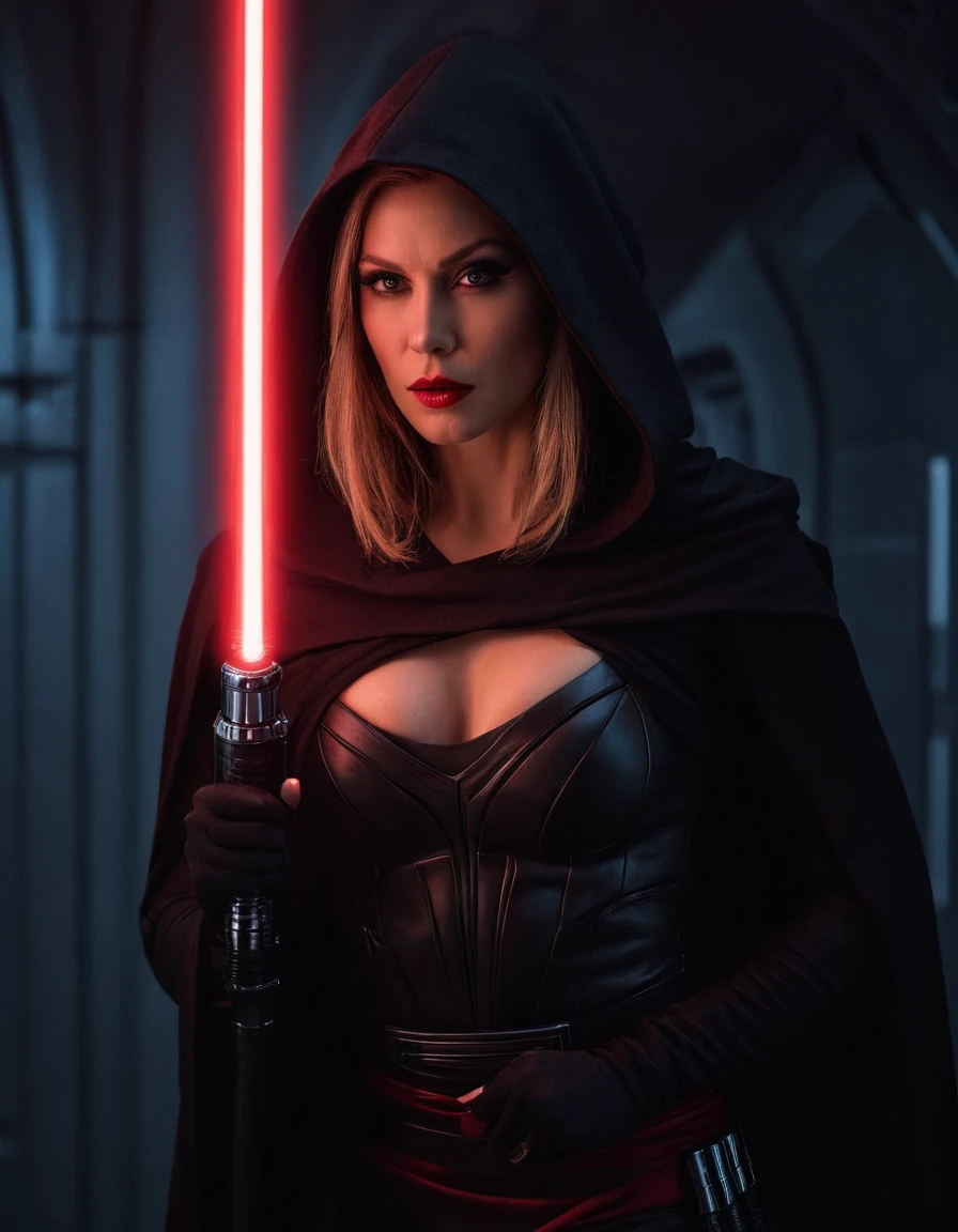 professional photograph of a 31 year old model, by Peter Hegre, photography studio,__perspective__, beautiful evil slavic muscular woman, pale skin, long hair, Sith Lord, cute face, red skin, fit body, holding one red light saber in her hand, wearing a black crop top with a hood:1.4, black skirt, darth talon:0.7, at the starship, cozy, Star Wars, j j abrams, photorealistic, sharp focus, depth of field, vogue magazine, fashion photo, cinematic lighting, rim light, cozy:1.2, neon