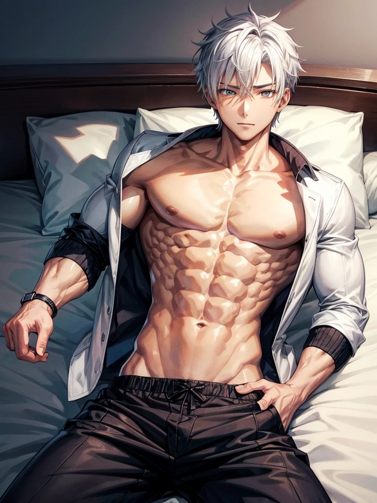 Anime guy about 16 without outerwear. Muscular with 6-pack abs and back. With white hair. Lying on the bed.