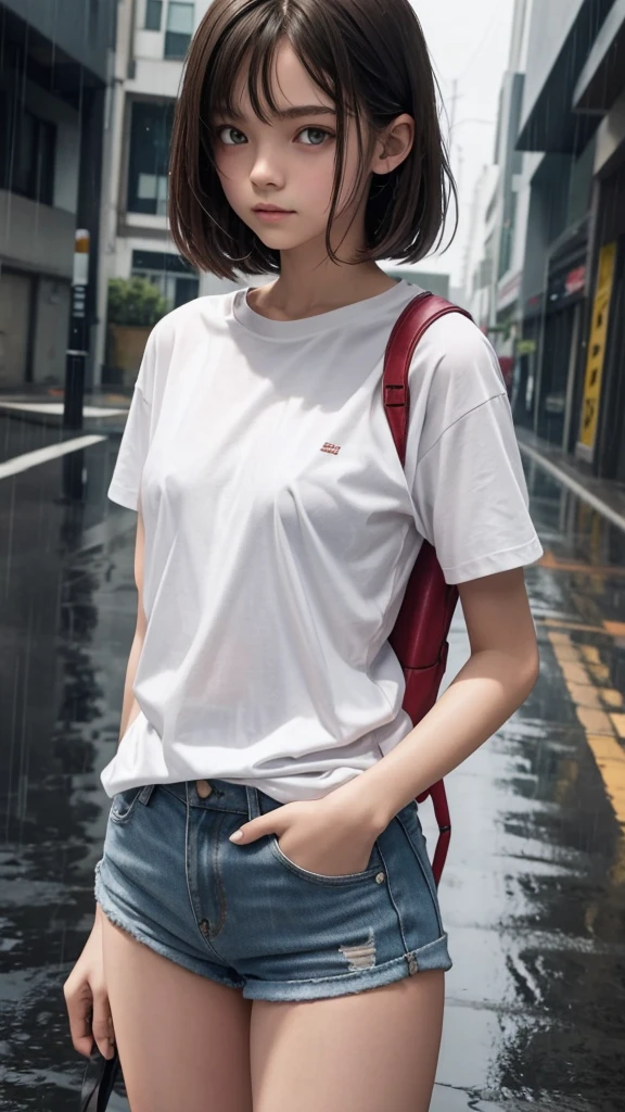 Skinny, pitite, 16 year old girl, heavy rain, tight white t-shirt, short shorts, NSFW