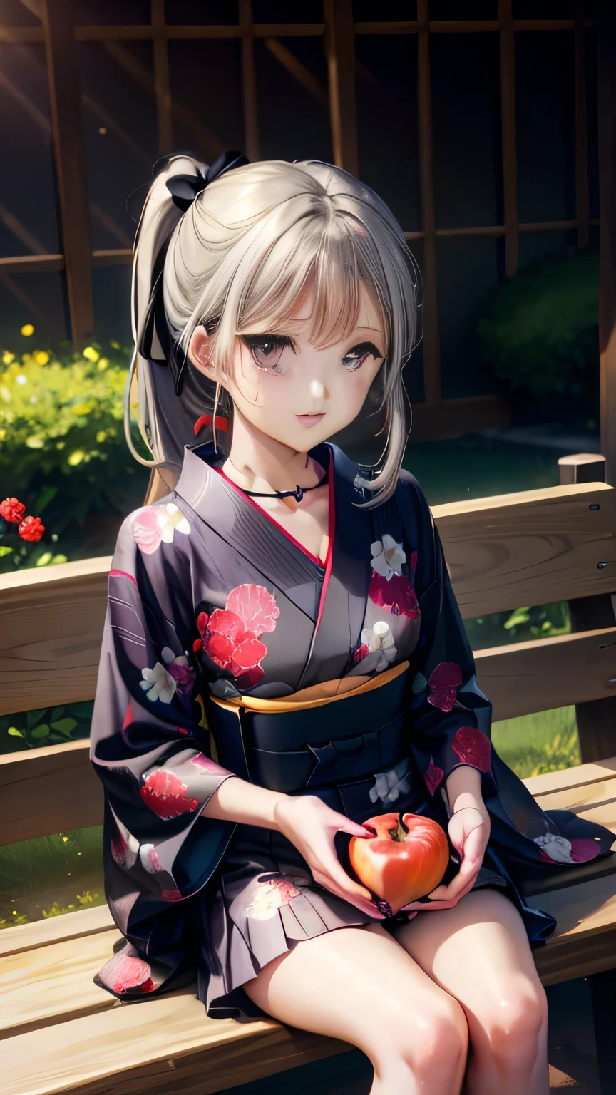 (Very detailed CG Unity 8K 壁紙),(masterpiece), (Highest quality), (Very detailed), (Best illustrations),(Best Shadow)、(Perfect and beautiful eyes)、(Detailed underwear)、1girl :o alternate_hairstyle bench black_choker black_eyes black_kimono black_nails black_ribbon blush braid candy_apple chigusa_minori choker cowboy_shot floral_print flower food grey_hair hair_flower hair_ornament hair_ribbon highres holding holding_food japanese_clothes kimono kokoro_iroduku_koi_ga_shitai kurosu_owari mole mole_Under_eye nail_polish night obi official_alternate_costume open_mouth outdoors park_bench red_flower ribbon sash side_ponytail sidelocks sitting solo yukata