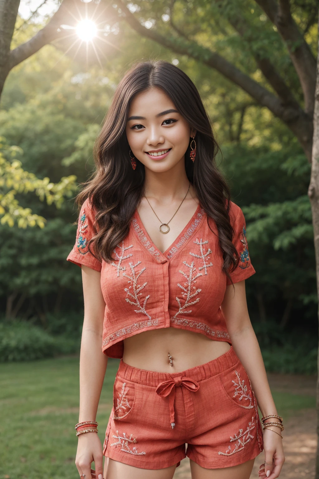 Half-length glamour portrait, nikon D850, f1.6 lens, 200mm, DSLR, 22 Megapixels, (((Park with trees scene))), shot of a stunning 19 years old korean girl, (smile:1.4), (wearing Coral Linen shorts set with Bright red embroidered top:1.6), ((seductive pose)), hot girl, (((big natural breasts))), (((black fringe hair))), (small girl), symmetrical face, photorealistic, photography, (bright natural lighting), gorgeous, deep cleavage, (masterpiece), best quality, high resolution, extremely detailed, cinematic lighting, (((very narrow waist))), rich colors, hyper realistic, lifelike texture, ((jewelry)), (((She has beautiful hands and wears rings))), (bracelet), (necklace), (ankle chain), (nail polish) (earrings), Fuji Superia 200, 8k