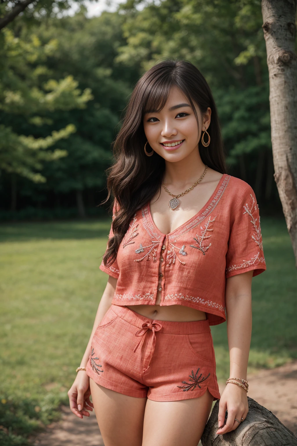 Half-length glamour portrait, nikon D850, f1.6 lens, 200mm, DSLR, 22 Megapixels, (((Park with trees scene))), shot of a stunning 19 years old korean girl, (smile:1.4), (wearing Coral Linen shorts set with Bright red embroidered top:1.6), ((seductive pose)), hot girl, (((big natural breasts))), (((black fringe hair))), ( girl), symmetrical face, photorealistic, photography, (bright natural lighting), gorgeous, deep cleavage, (masterpiece), best quality, high resolution, extremely detailed, cinematic lighting, (((very narrow waist))), rich colors, hyper realistic, lifelike texture, ((jewelry)), (((She has beautiful hands and wears rings))), (bracelet), (necklace), (ankle chain), (nail polish) (earrings), Fuji Superia 200, 8k