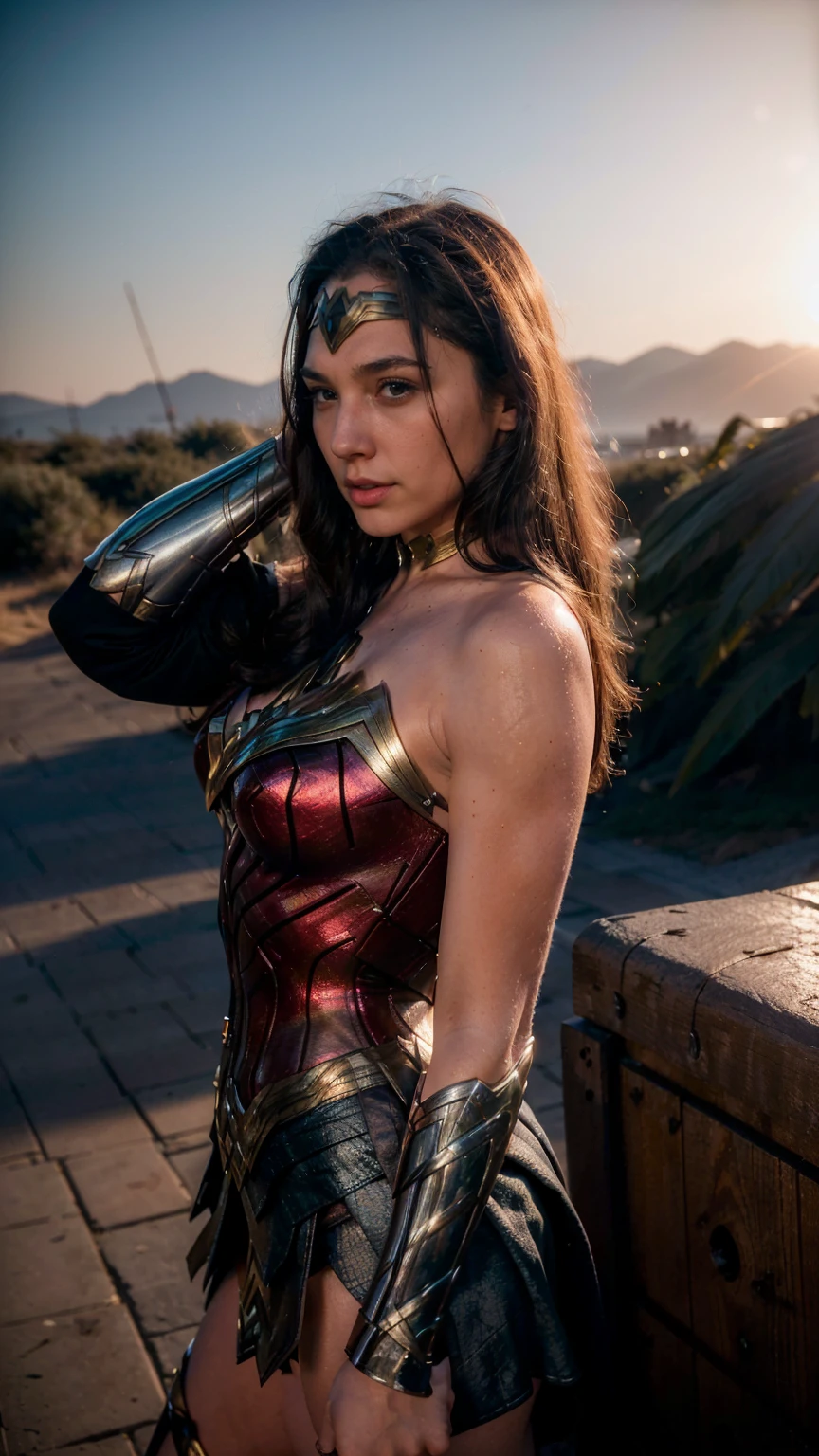((masterpiece), (solo character), (photorealistic:1.4), ),(best quality), (epiCRealLife), (g4lg), (g4lg large breasts), (g4lg show cleavages), (Gal Godot in wonder woman costume), (lora:epiCFlashPhoto),(flashphoto), (flash photography) (look at viewers), (sunset), (photoshoot), (wonder woman theme),, (different photoshoot poses), (from side)
