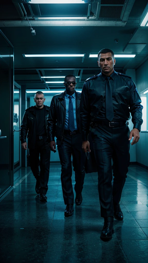 two policemen and Marcus a big business man, in the middle, 8k realistic imagery, ultra hd, blue scenery like a movie scene, inspired by blade runner movie scene, blue tone