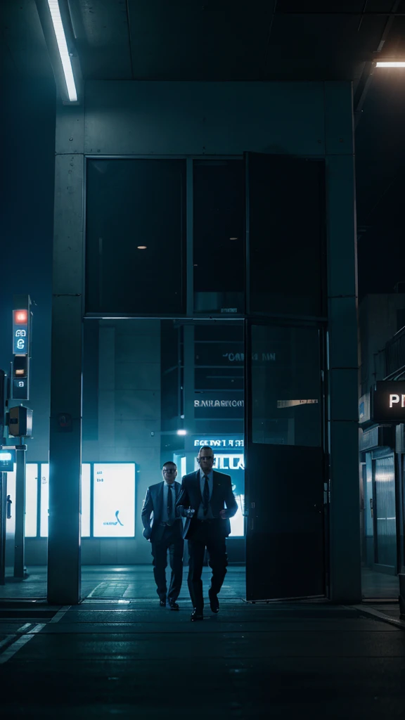 two policemen and Marcus a big business man, in the middle, 8k realistic imagery, ultra hd, blue scenery like a movie scene, inspired by blade runner movie scene, blue tone