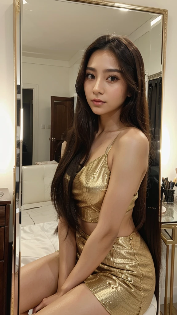 (une jeune fille)),((long curly black hair)),crystal blue eyes,(((maquillage naturel,radiant skin,cGoldps sexy,Peau douce,enchanteur))), white tank top, shGoldt court)),Big round ass,arched back,pose sexy,((souriant joyeusement)),((texture de peau ultra réaliste)),((in a bed))),enjoy,haut du cGoldps,head of'artwork,realistic face,8k,yeux parfaits,Fujifilm XT3,hour of'Gold,85mm,best quality,high resolution