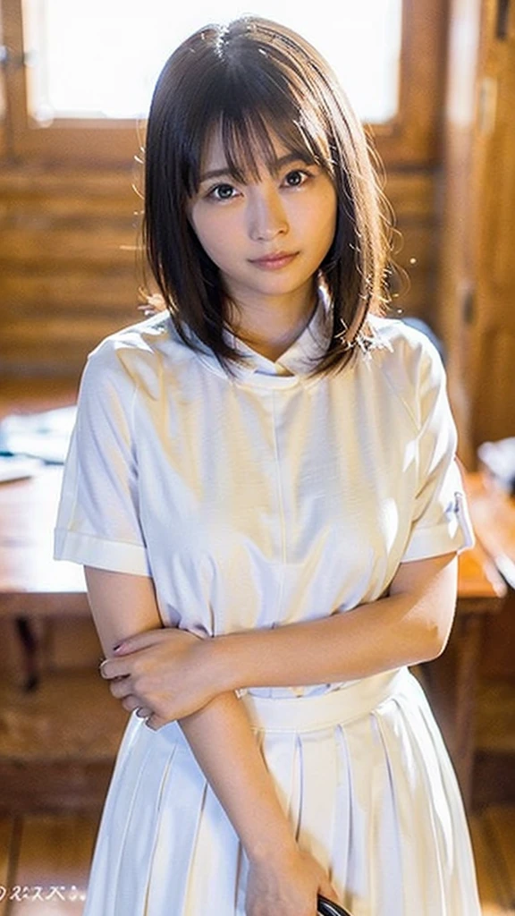 Photo-realistic quality、A woman in a white blouse is holding a golf club, Japanese girls uniform, Cute school girl, Realistic young gravure idol, Young and cute gravure idol, High school girl posing, Surreal , Young and skinny gravure idol,Girl wearing short-sleeved blouse, Japanese Model、Sheer white blouse