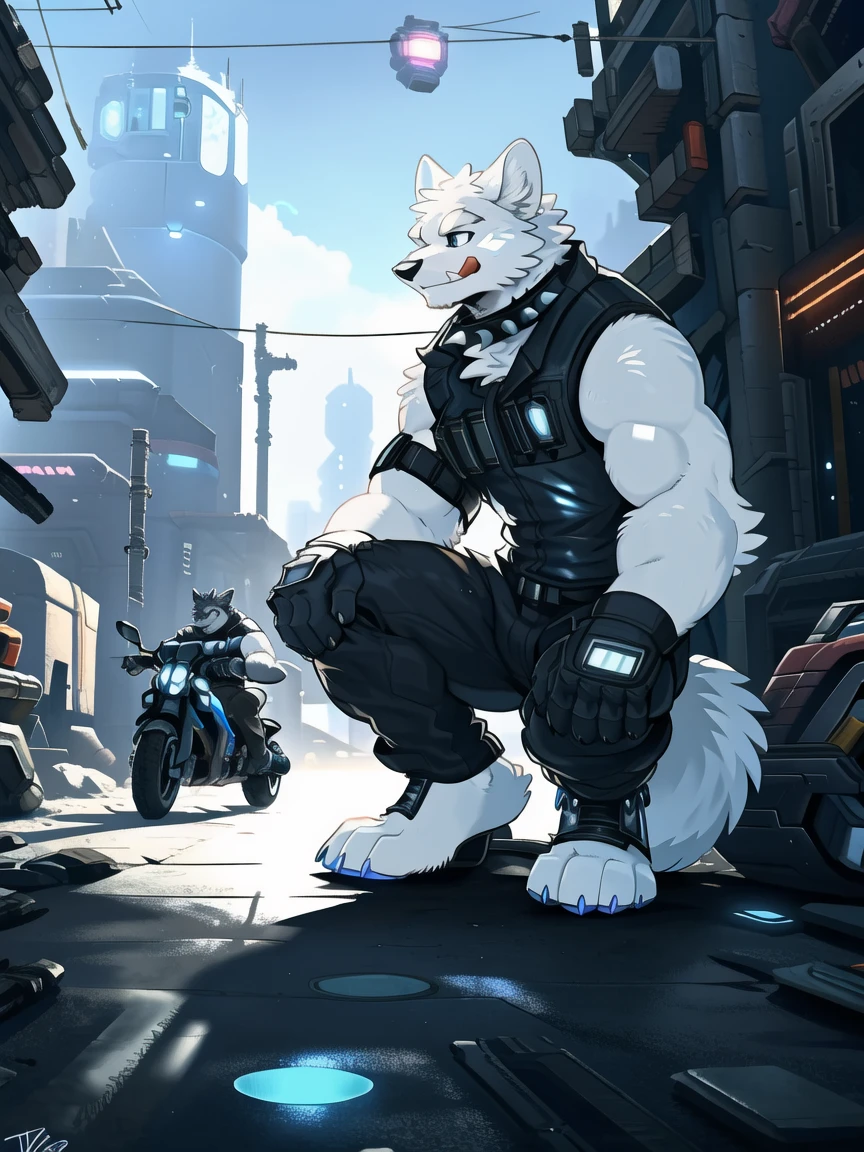 ((All white fur:1.5)), Solitary, Perfect sky blue eyes, Spiked Collar, (artist:Takemoto Arashi), Mature face, Elders, Long eyelashes, Wear practical and functional work clothes|Black pants, ((Thin and tall)), Crouching next to the motorcycle, Wall background, barefoot, Reach out, Smile, (Cyberpunk:1.5), Verbal invitation, local ruffian, rogue, Maliciously, Licking lips, There is a high-tech motorcycle next to the character., First-person perspective, from the side, Atmospheric perspective, Super Detail, High Detail, 8K