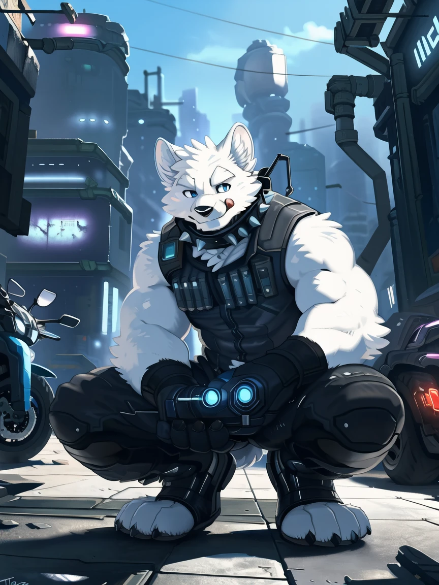 ((All white fur:1.5)), Solitary, Perfect sky blue eyes, Spiked Collar, (artist:Takemoto Arashi), Mature face, Elders, Long eyelashes, Wear practical and functional work clothes|Black pants, ((Thin and tall)), Crouching next to the motorcycle, Wall background, barefoot, Reach out, Smile, (Cyberpunk:1.5), Verbal invitation, local ruffian, rogue, Maliciously, Licking lips, There is a high-tech motorcycle next to the character., First-person perspective, from the side, Atmospheric perspective, Super Detail, High Detail, 8K