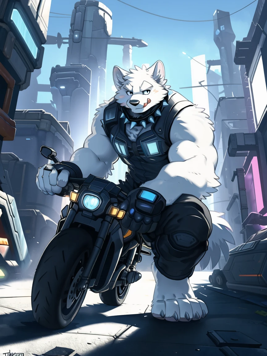 ((All white fur:1.5)), Solitary, Perfect sky blue eyes, Spiked Collar, (artist:Takemoto Arashi), Mature face, Elders, Long eyelashes, Wear practical and functional work clothes|Black pants, ((Thin and tall)), Crouching next to the motorcycle, Wall background, barefoot, Reach out, Smile, (Cyberpunk:1.5), Verbal invitation, local ruffian, rogue, Maliciously, Licking lips, There is a high-tech motorcycle next to the character., First-person perspective, from the side, Atmospheric perspective, Super Detail, High Detail, 8K