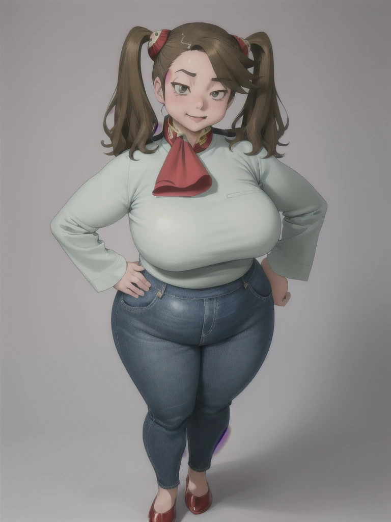 Beautiful face but chubby face, Chubby maoeuko sazaki, ((ahegao)), Hands on hips, Stand up straight, ((Full body)), (low head 1.5), A little chubby body type and small breasts, masterpiece, tight denim pants, ((small breasts)), thick legs++, Full body+, Solo, Swollen face, 1 woman, wide shoulder, (white long sleeve tutleneck 1.5,) (tight turtle neck 1.5), light blue Denim pants, thick thighs, low rise light blue denim pants, solo, simple background, masterpiece, best qualit, A chubby figure that seems real, smile, big head, High saturation, best quality, 1girl, kaoruko, brown hair, brown eyes, twintails, hair ornament, red ascot, looking at viewer, 