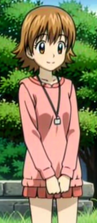 A girl in a pink striped dress with short brown hair and brown eyes, smiling and looking at the views in a garden outdoors, wearing a headband and long sleeves, (best quality,4k,8k,highres,masterpiece:1.2),ultra-detailed,(realistic,photorealistic,photo-realistic:1.37),masterpiece,garden,outdoors,1girl,short hair,brown hair,pink striped dress,brown eyes,smiling,head band,long sleeves,shose