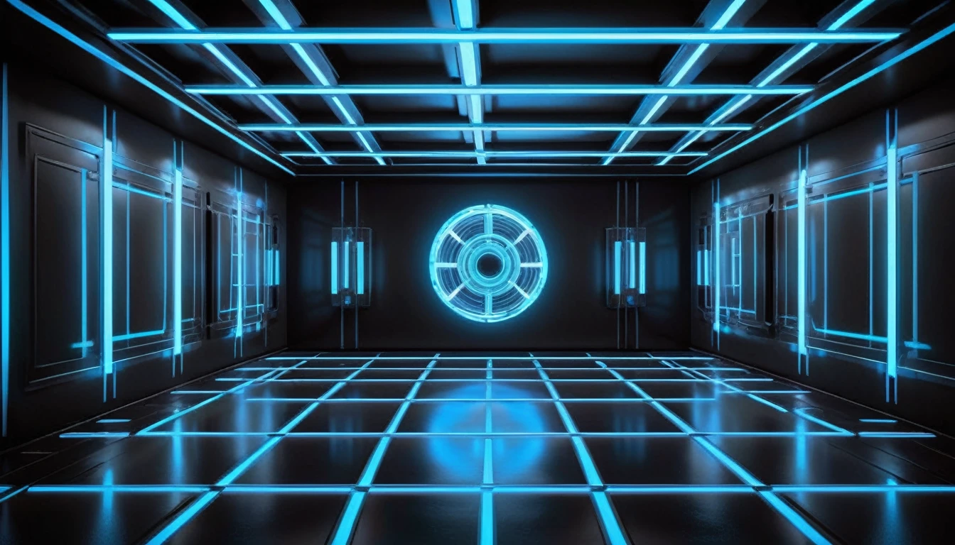studio producers music festival, sala vacía con neones Bluees, neon futuristic background image, symmetrical image, hell, White wall, negro, Blue, abstract, Ceiling
