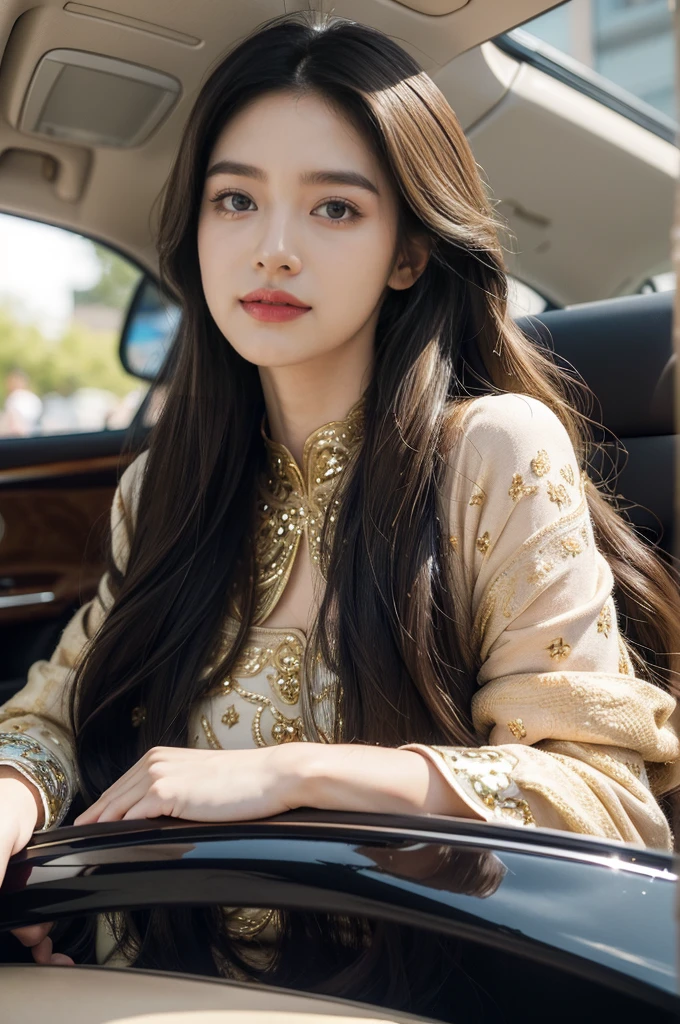 (((best quality))),(((ultra detailed))),(((masterpiece))),illustration,1girl,long hair,bright eyes,rosy cheeks,perfect smile,exquisite dress,intricate patterns,embellishments,slender figure,high-heeled sandals,sleek car,sharp lines,smooth curves,innovative features,interactive dashboard,eco-friendly engine,electric atmosphere,hustle and bustle,convention and exhibition center,((from front,upper body))