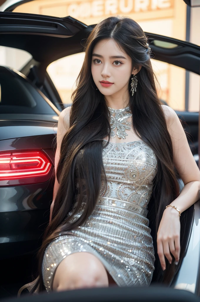 (((best quality))),(((ultra detailed))),(((masterpiece))),illustration,1girl,long hair,bright eyes,rosy cheeks,perfect smile,exquisite dress,intricate patterns,embellishments,slender figure,high-heeled sandals,sleek car,sharp lines,smooth curves,innovative features,interactive dashboard,eco-friendly engine,electric atmosphere,hustle and bustle,convention and exhibition center,((from front,upper body))