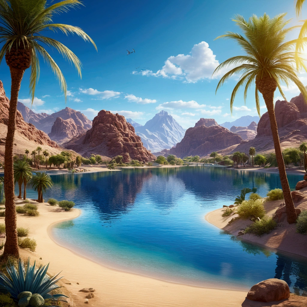Masterpiece, Best quality, High quality, Extremely detailed Cg Unity 8K wallpaper, Charming and dreamy desert oasis scene, beautiful big blue lake as the focal point, glimmering water surface,with palm trees, The hidden fairytale valley creates a sense of mystery and charm, art  stations, Intricate, Trendy, Award-winning photography, Bokeh, Depth of field, hdr, full bloom, color difference, Photorealistic, Extremely detailed, 