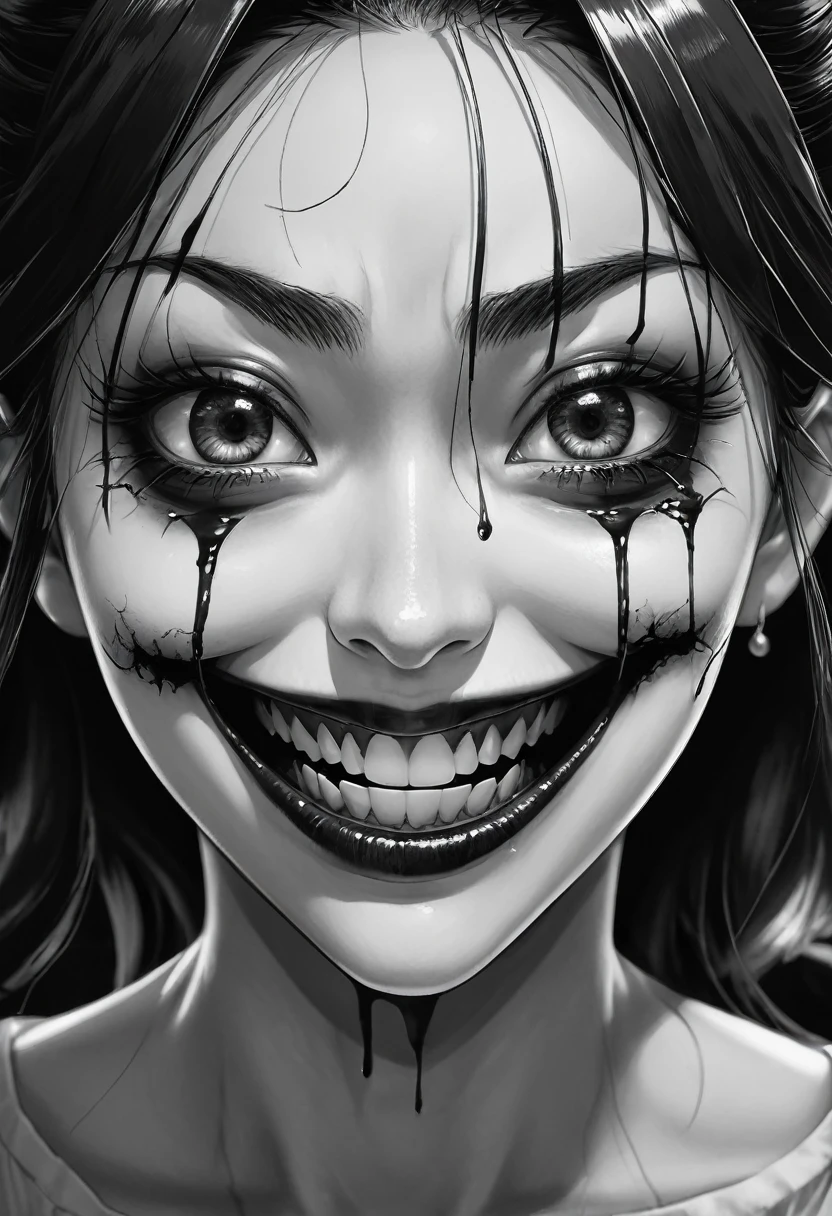 a close up of a woman with a creepy face and a creepy smile, ahegao face, ahegao, black and white manga style, horror manga, gapmoe yandere grimdark, portrait gapmoe yandere grimdark, anime skull portrait woman, grim facial expression, demon anime girl, creepy smile, anime monster girl, junji ito 4 k, detailed anime face