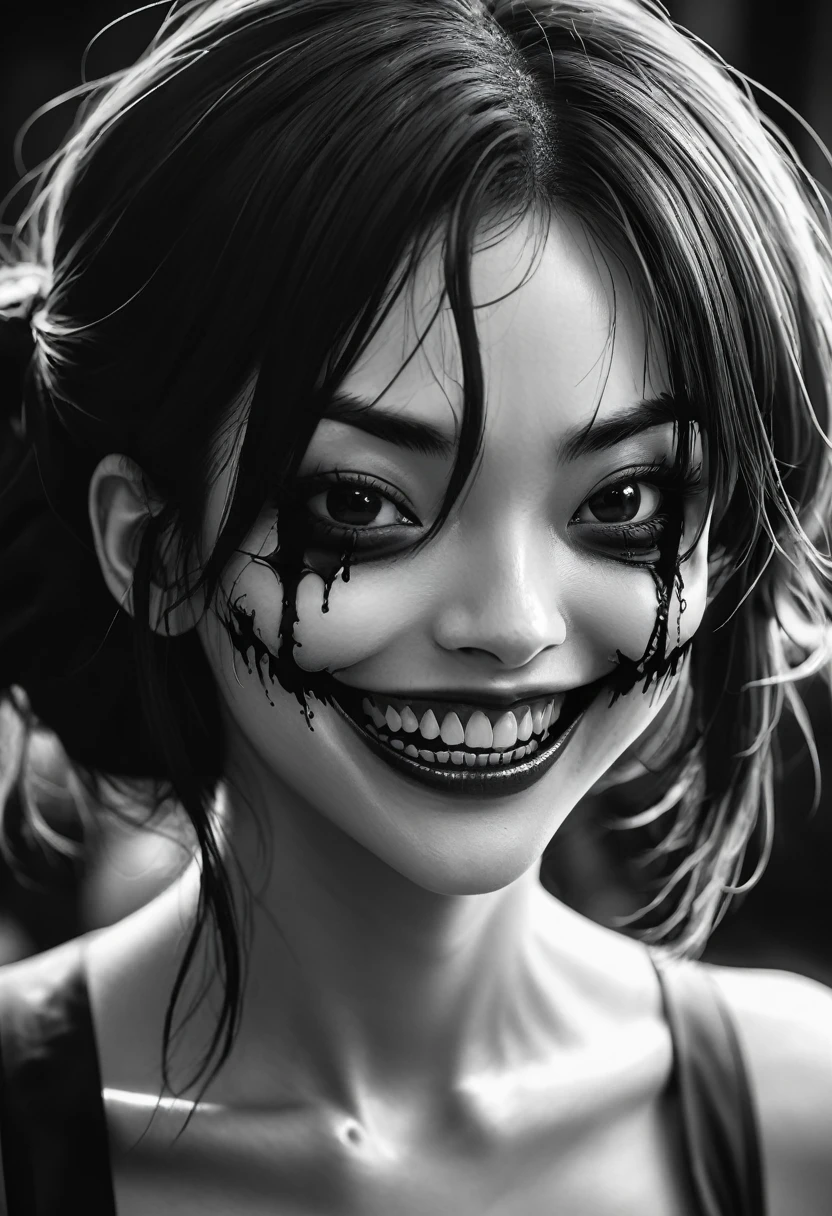 a close up of a woman with a creepy face and a creepy smile, ahegao face, ahegao, black and white manga style, horror manga, gapmoe yandere grimdark, portrait gapmoe yandere grimdark, anime skull portrait woman, grim facial expression, demon anime girl, creepy smile, anime monster girl, junji ito 4 k, detailed anime face
