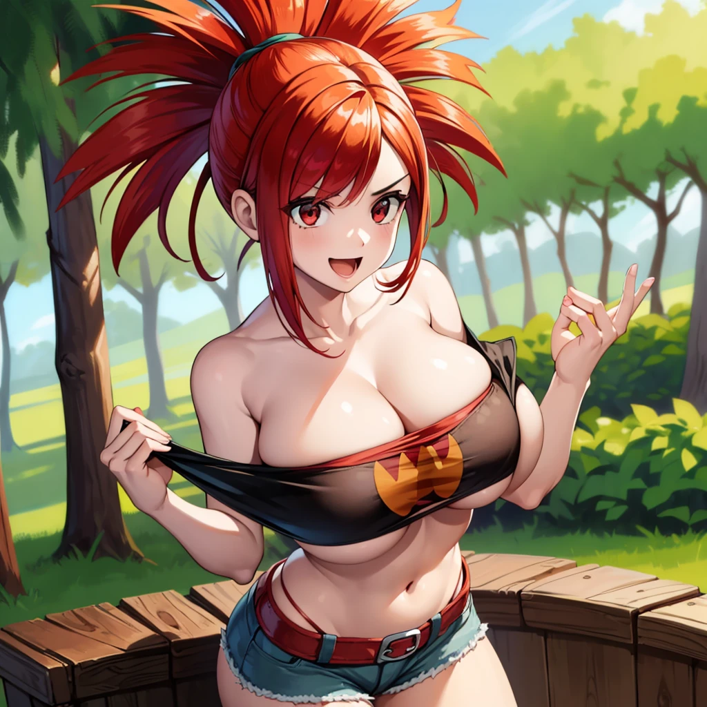 ((1girl)), perfect face, young woman, beautiful face, perfect face, masterpiece, flannery, ((flanneryoras)), red hair, red eyes, ((red tube top:1.3)), ((underboob)), (((small thin Bandeau))), ((red bandeau)), ((huge breasts:1.3)), ((loose top)), ((strapless top)), indentation, bursting breasts, cowboy shot, outdoors, smile :D, facing viewer, ((strapless, bare shoulders)), denim shorts