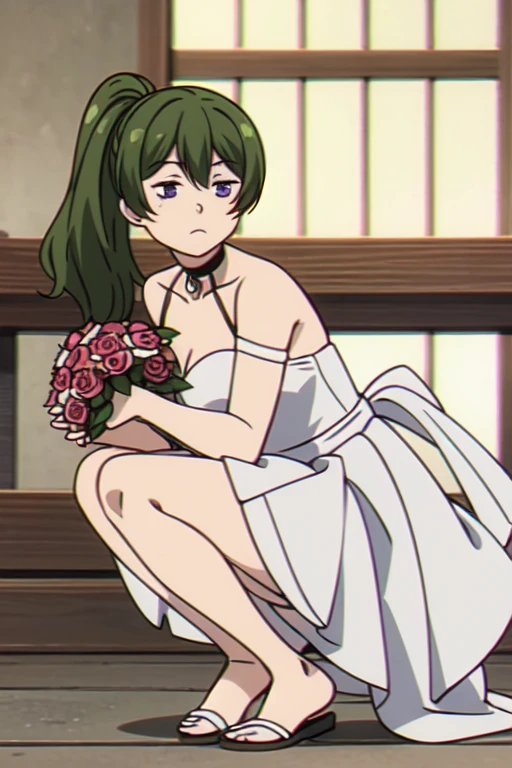 (((Best quality))), ((Ultra-detailed)), ((illustration)), ((Disheveled hair)), ((frilld)), (1 girl),(Solo),
1girl,blurry,blurry_background,blurry_foreground,bouquet,depth_of_field,flower,indoors,looking_at_viewer,lying,motion_blur,open_mouth,pink_flower,pink_rose,rose,white_rose,window,rating:questionable,underwear,
wedding,wedding_dress,bride,veil,
full body, purple eyes,green hair,Right side ponytail,